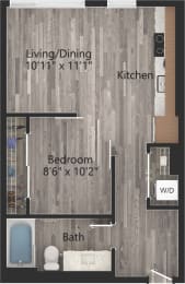 a floor plan drawing of a 1 bedroom, 1 bath apartment