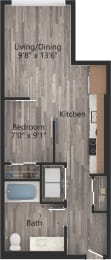 a floor plan drawing of a 1 bedroom, 1 bath apartment