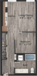 a floor plan of an open one bedroom layout