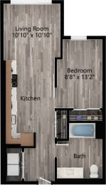 a floor plan drawing of a 1 bedroom, 1 bath apartment
