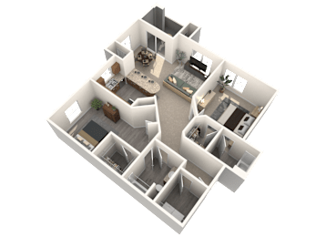 A 3D floor plan of a house with multiple rooms and furniture.