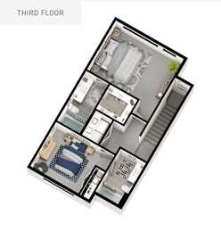 A 3D floor plan of a third floor apartment layout.
