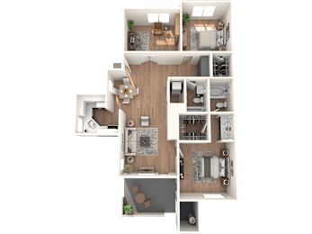 A top-down view of a house layout with a kitchen, living room, dining area, and bedrooms.
