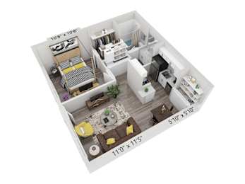 A 3D floor plan of a small apartment with a kitchen, living room, and bathroom.