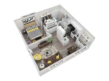 A 3D floor plan of a small apartment with a kitchen, living room, and bathroom.