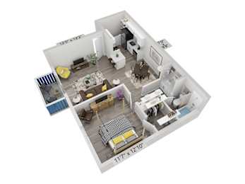 A 3D floor plan of a house with a living room, kitchen, dining room, and bathroom.