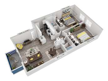 A 3D floor plan of a house with dimensions and room names.
