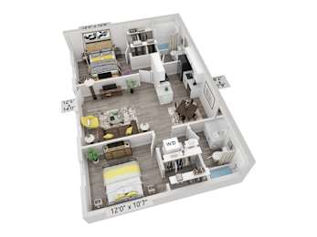 A 3D floor plan of a two-bedroom apartment with a living room, kitchen, and bathroom.