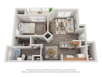 A 3D floor plan of a house with a kitchen, living room, and bathroom.