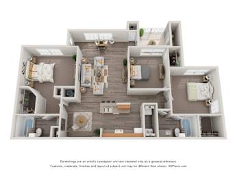 A 3D floor plan of a house with a living room, dining room, kitchen, and two bedrooms.