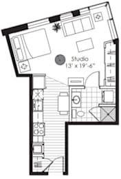 A black and white floor plan of a studio apartment with a studio labeled.