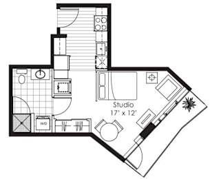 A floor plan of a studio apartment sized 17' x 12' with a kitchen, living room, and bedroom.