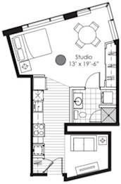 A floor plan of a studio apartment with dimensions and furniture layout.