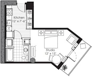 A floor plan of a studio apartment with a kitchen and a studio space.