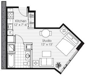 A black and white floor plan of a house with a kitchen and a studio.