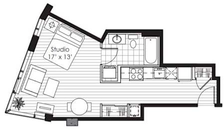 A floor plan of a studio apartment is shown with dimensions.