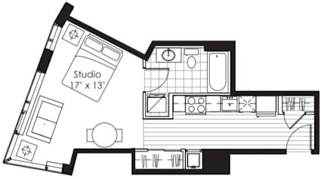 A black and white floor plan of a studio apartment.