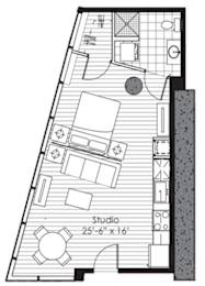 A floor plan of a studio apartment with a studio labeled and dimensions.