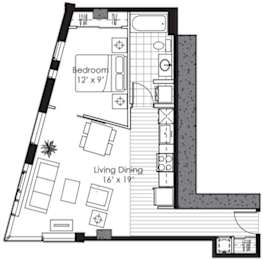 A floor plan of a room with a bedroom and a living dining area.
