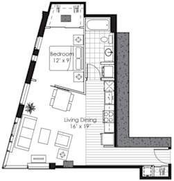 A floor plan of a room with a bedroom and a living dining area.