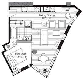 A black and white floor plan of a small apartment with a living room, dining room, and bedroom.