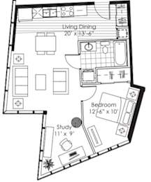 A floor plan of a small apartment with a living dining area, bedroom, and study.