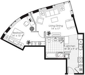 A black and white image of a floor plan for a living space.