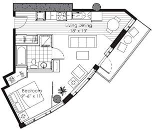 A black and white image of a floor plan for a living dining room and bedroom.