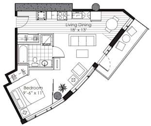 A black and white drawing of a living dining room and bedroom.