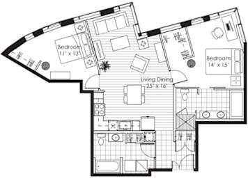 A black and white image of a house floor plan with two bedrooms, a living dining area, and a kitchen.