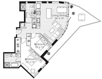 A black and white image of a floor plan for a living space.