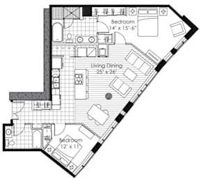 A black and white image of a floor plan for a home with three bedrooms and a living dining area.