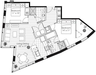 A black and white image of a floor plan for a house with two bedrooms, a living room, and a dining area.