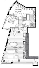 A black and white image of a floor plan for a house with two bedrooms.