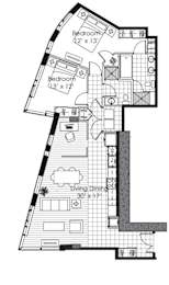 A black and white image of a house floor plan with two bedrooms and a living dining area.