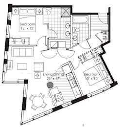 A black and white image of a floor plan for a small apartment.