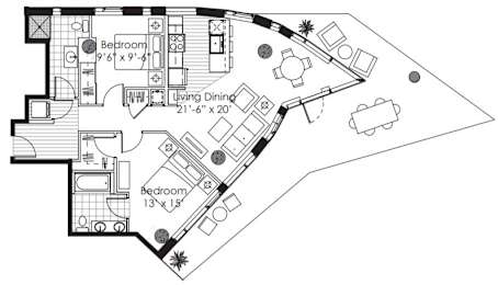 A black and white image of a floor plan for a house with two bedrooms and a living dining area.