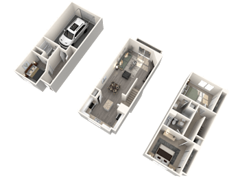 Three different layouts of a room with a bed, a desk, and a couch.