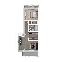 A floor plan of a house with a kitchen, living room, dining room, and bathroom.