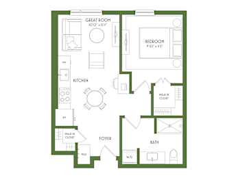A floor plan of a house with a great room, bedroom, kitchen, foyer, bath, and walk-in closet.