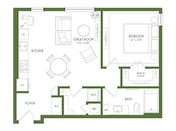 A floor plan of a house with a kitchen, foyer, bath, and bedroom.