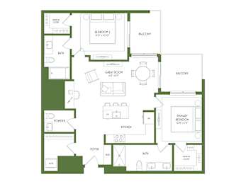 A floor plan of a house with a primary bedroom, two balconies, a powder room, and a foyer.