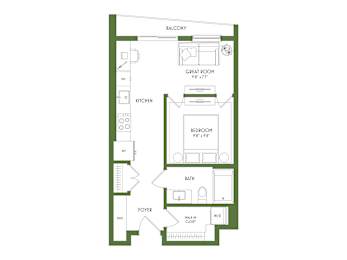 A floor plan of a house with a balcony, great room, kitchen, bedroom, bath, foyer, and walk-in closet.