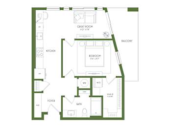 A floor plan of a house with a Great Room, Balcony, Kitchen, Bedroom, Bath, and Foyers.