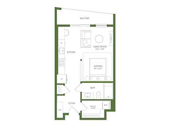 A floor plan of a small apartment with a kitchen, bathroom, sleeping area, and foyer.