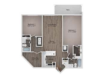 A floor plan of a home with a living room, two bedrooms, a patio, and an office.