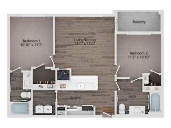 A floor plan of a home with two bedrooms, a living/dining area, a kitchen, and two bathrooms.