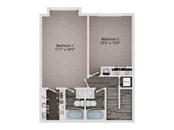 A floor plan of a home with two bedrooms and a bathroom.