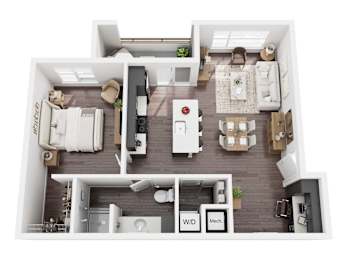 A top-down view of a modern apartment layout with labeled sections.