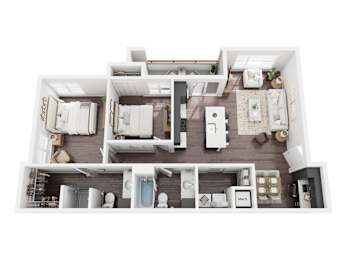 A top-down view of a modern apartment layout.